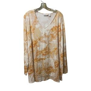 Susan Graver Cream Orange Tie Dye V Neck Pocket Top 3X EUC